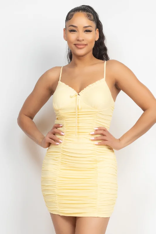 Shirred Bodycon Ruffled Trim Dress Cowl Neckline Elegant