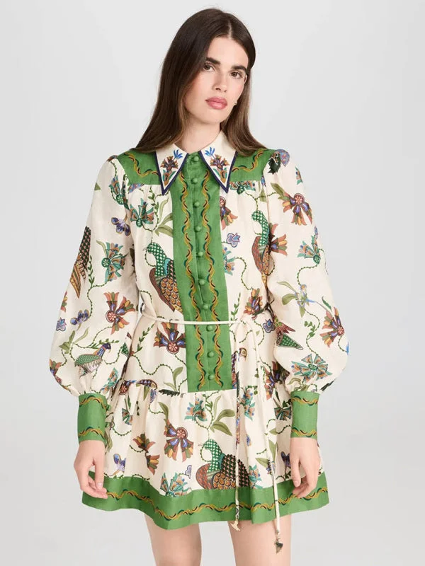New long-sleeve printed lapel loose tie casual dress Cowl Neckline Elegant