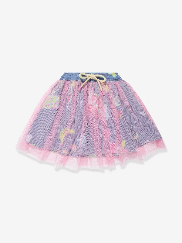 Billieblush Girls Denim And Mesh Skirt in Blue ruffled skirt detail