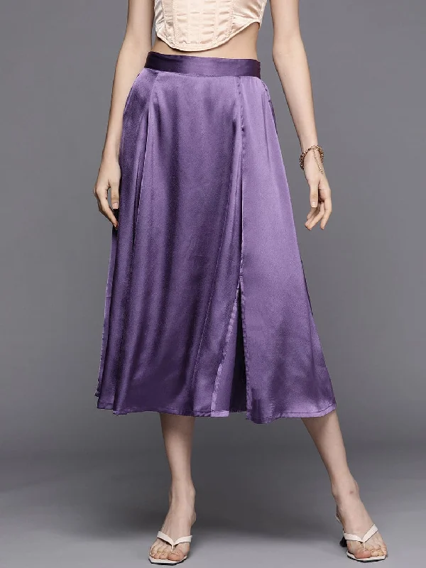 Women Purple Satin Front Slit Flared Midi Skirt denim skirt casual