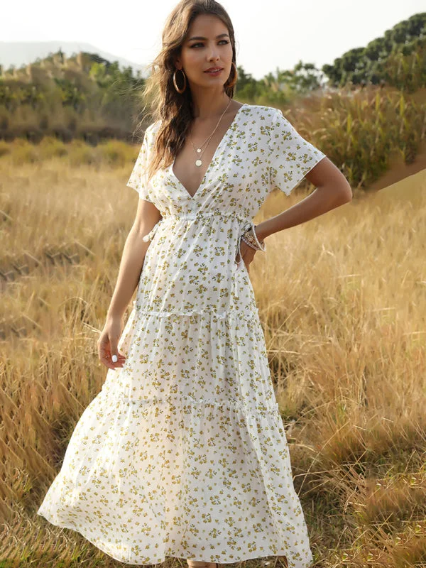 Summer Casual Vacation Women's Ruffle Floral Bohemian Dress Tunics Bridal satin