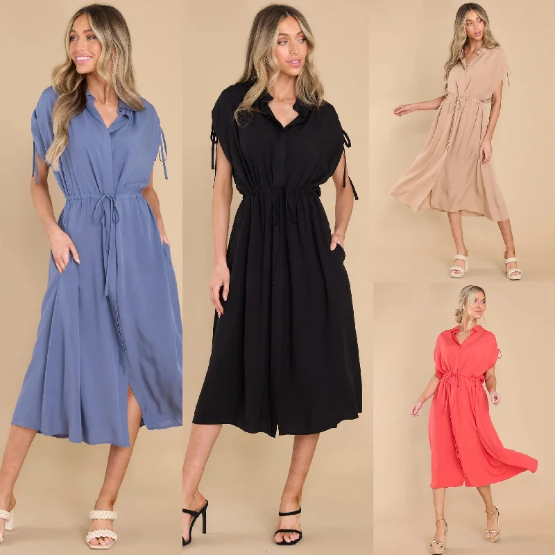 Summer Fitted Waist Turn-down Collar Single-breasted Drawstring Dress Tunics Business professional Summer Fitted Waist Turn-down Collar Single-breasted Drawstring Dress Tunics Business professional
