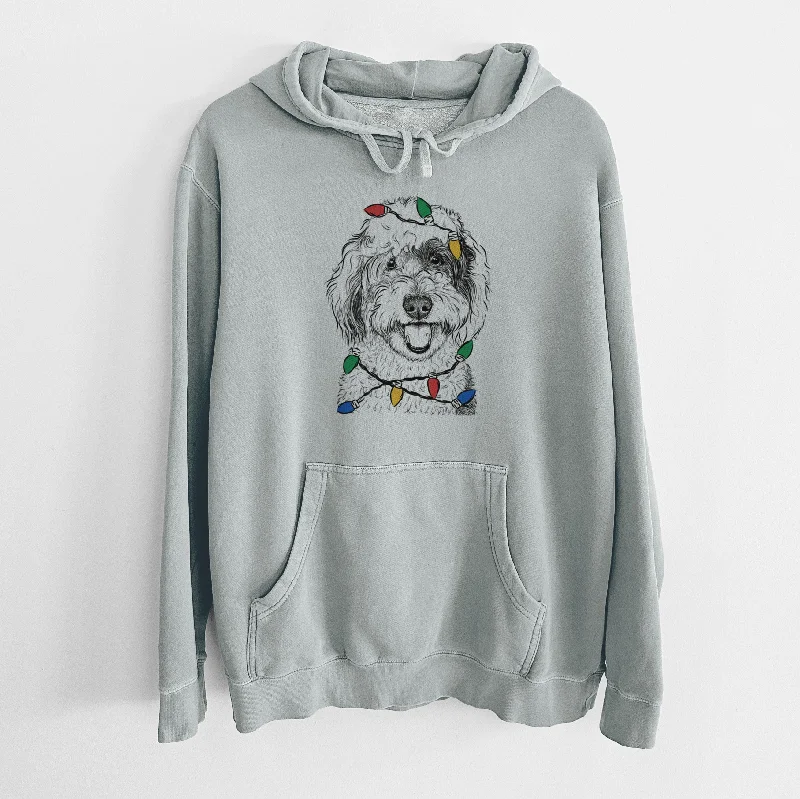 Christmas Lights Sherlock the Sheepadoodle - Unisex Pigment Dyed Hoodie Hoodie with Frayed Bohemian Relaxed Christmas Lights Sherlock the Sheepadoodle - Unisex Pigment Dyed Hoodie Hoodie with Frayed Bohemian Relaxed