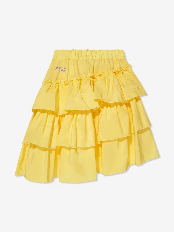 MSGM Girls Midi Ruffle Skirt in Yellow tiered skirt playful