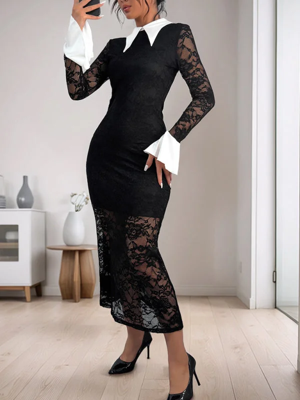 New lace stitching dress black and white contrast high-end elegant slim dress Tunics Business professional