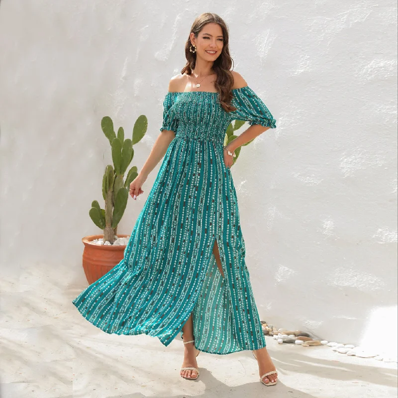 Spring And Summer New Vertical Stripes Floral Print Slit Waist Dress Tunics Fall fleece Spring And Summer New Vertical Stripes Floral Print Slit Waist Dress Tunics Fall fleece
