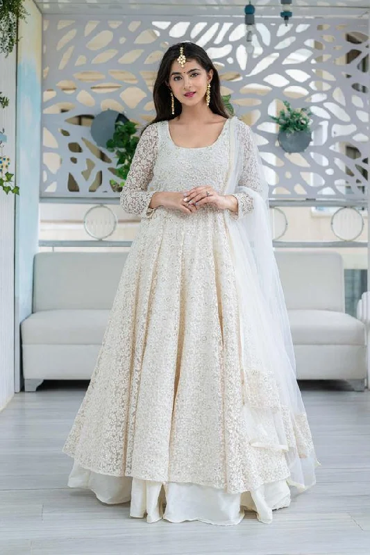 Women's White Anarkali suit set with Skirt & Dupatta by Label Shaurya Sanadhya- (3pcs set) velvet skirt plush