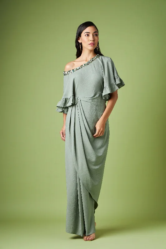 Drop Shoulder Drape Dress With Crystal Neck Line Floral Print girly