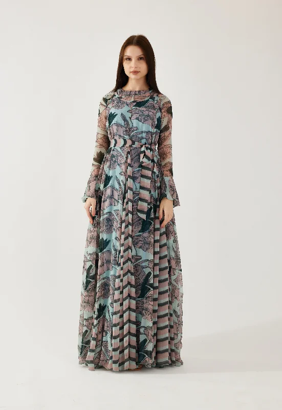 Sky Blue, Peach and Green floral long dress Tunics Party sparkling