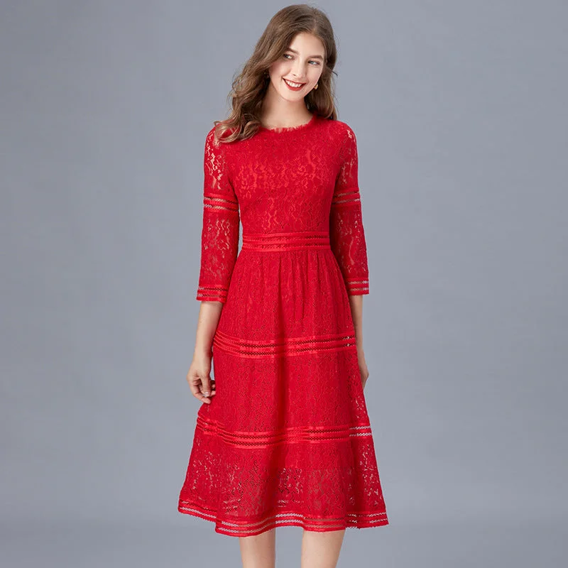 Women's Short-sleeved Lace Dress Women's Mid-length Waist Collection A-line Skirt Tunics Prom sequined