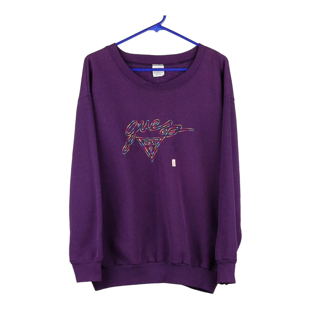 Guess Spellout Sweatshirt - XL Purple Cotton Blend Hoodie with Set-In Sleeves Structured Classic Guess Spellout Sweatshirt - XL Purple Cotton Blend Hoodie with Set-In Sleeves Structured Classic
