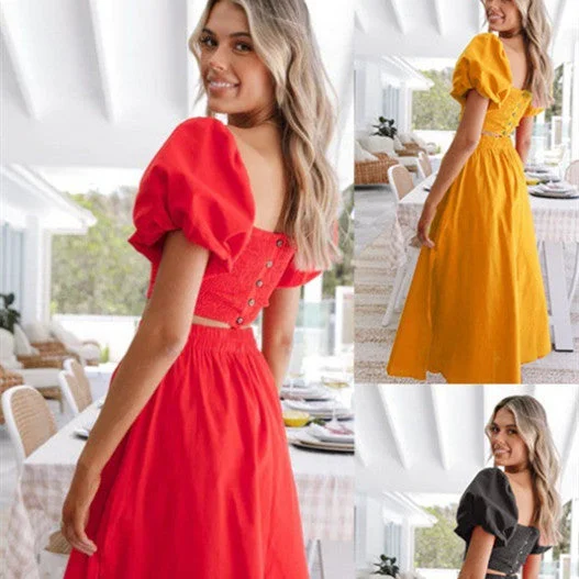 Spring Summer New Lantern Sleeve Square Collar Top Split Dress Two-piece Set Tunics Modern contemporary Spring Summer New Lantern Sleeve Square Collar Top Split Dress Two-piece Set Tunics Modern contemporary