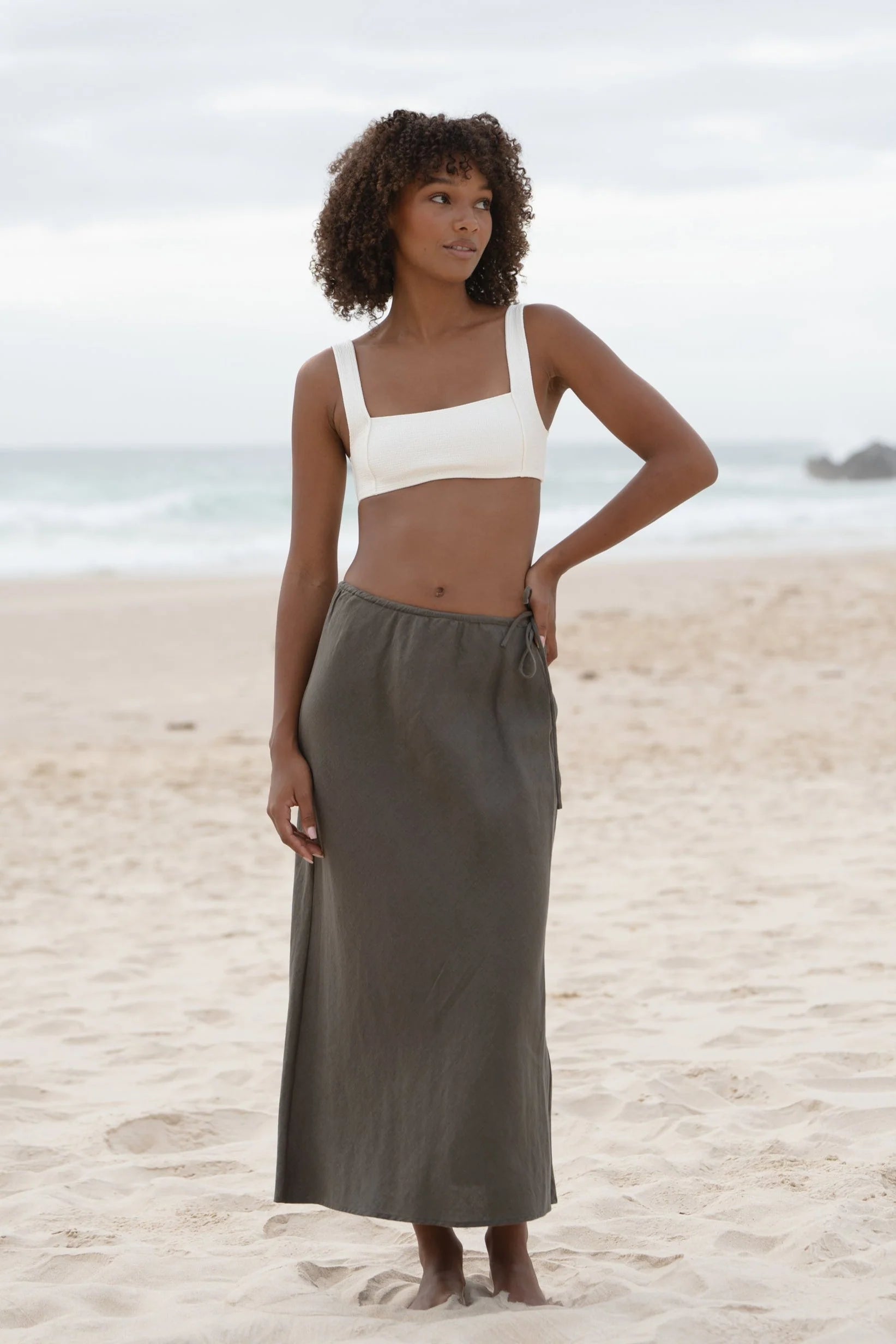 Riley Bias Linen Skirt button skirt front