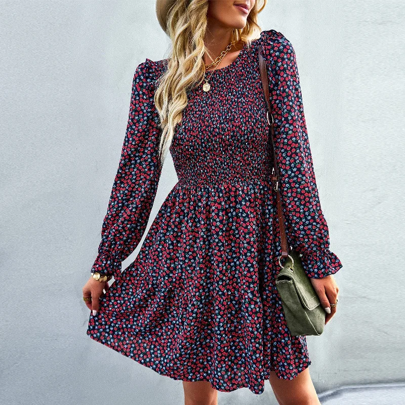 Round Neck Floral Dress Winter Long Sleeve All-matching A- Line Skirt Tunics Favorite customer Round Neck Floral Dress Winter Long Sleeve All-matching A- Line Skirt Tunics Favorite customer