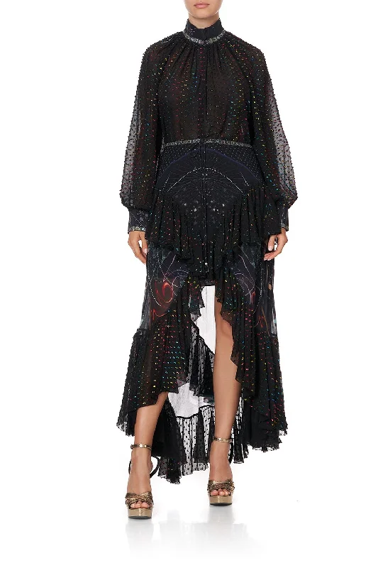 MAXI SKIRT WITH DOUBLE FRILL MIDNIGHT MOON HOUSE silk skirt elegant
