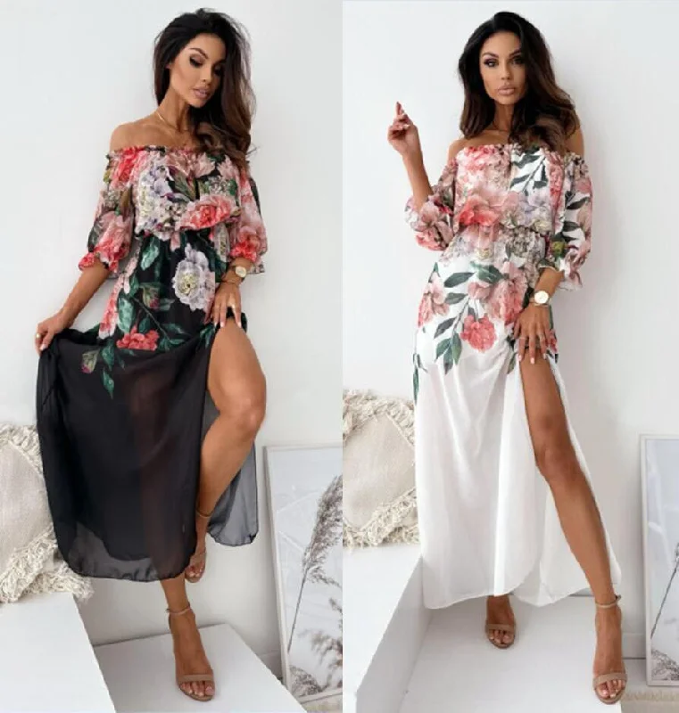 New Women's Floral Off-neck Slim Hem Dress Tunics Sophisticated sleek