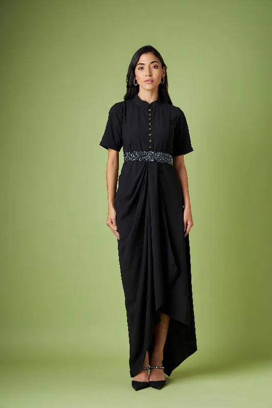 Black Drape Dress With Crystal Belt Tunics Cozy comfortable