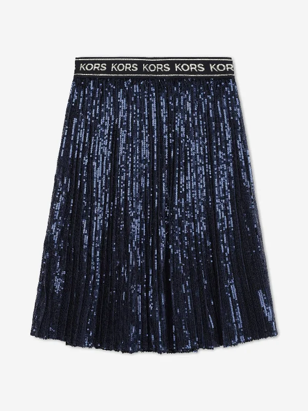 Michael Kors Girls Pleated Sequined Mid-Length Skirt in Navy leather skirt sleek