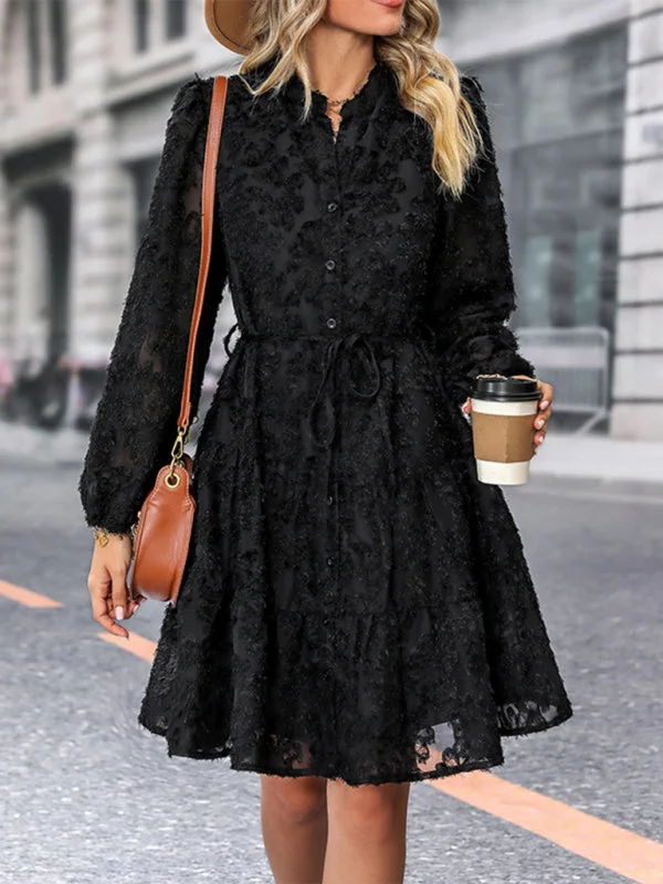Women's new solid color three-dimensional jacquard long-sleeved round neck dress Tunics Brand named