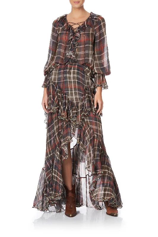 MAXI SKIRT WITH DOUBLE FRILL HOLD YOUR HORSES silk skirt lustrous