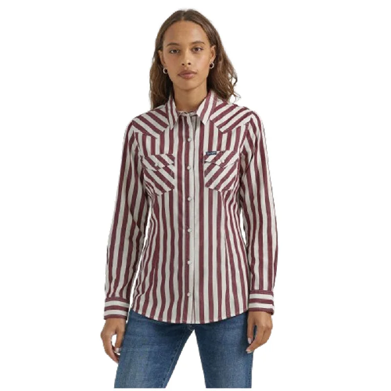 112353111 Wrangler Women's Western Dress Snap Shirt - Red/White Stripe Tunics Fall fleece