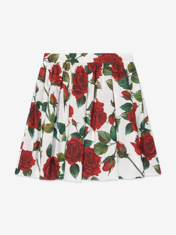 Dolce & Gabbana Girls Rose Print Skirt in White leather skirt sleek