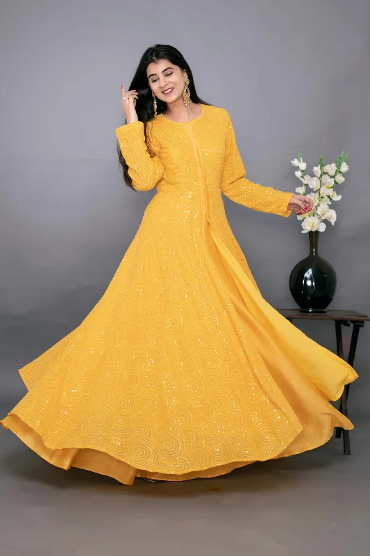 Women's Yellow Thread Work Anarkali With Chanderi Skirt (2pc Set) - Label Shaurya Sanadhya linen skirt natural
