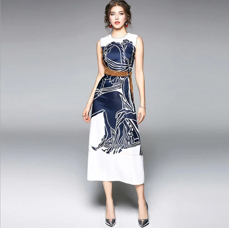 Women's Printed Sleeveless Slim Dress Tunics Ceremony elegant