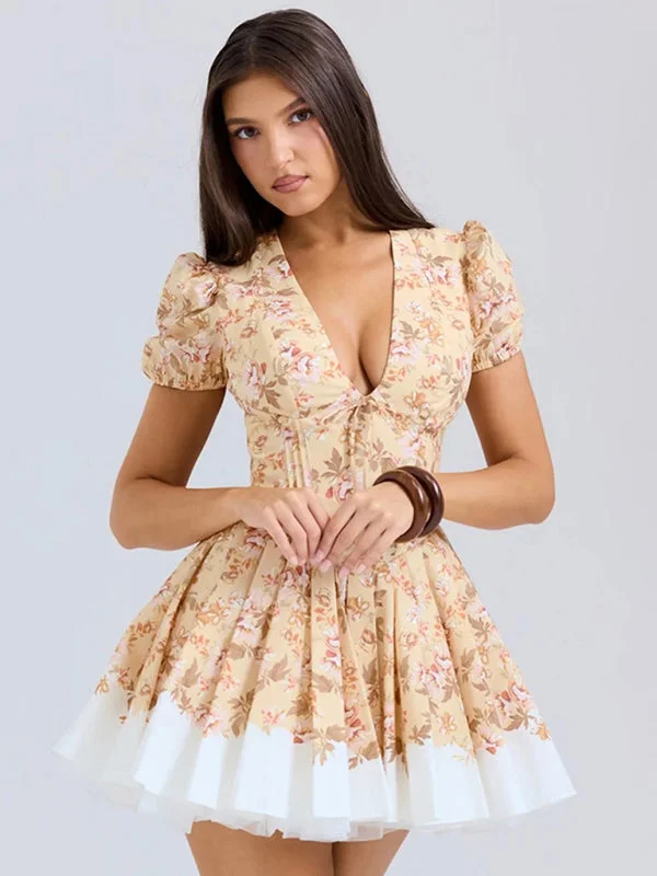 New women's sexy hot girl positioning print V-neck waist tutu skirt holiday dress Tunics Office stylish