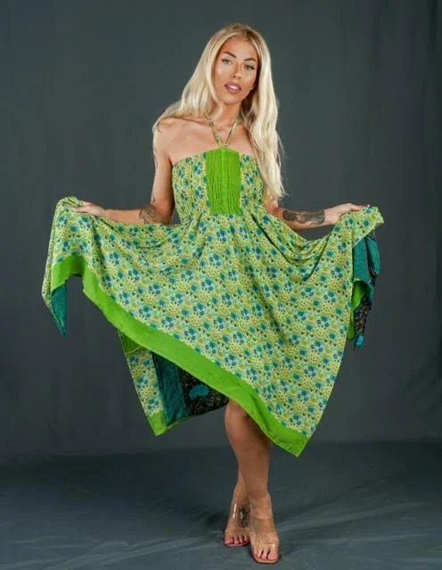 Boho Festival Silk Strapless Shades of Green Dress Convertible to Skirt A-Line Day Work Boho Festival Silk Strapless Shades of Green Dress Convertible to Skirt A-Line Day Work