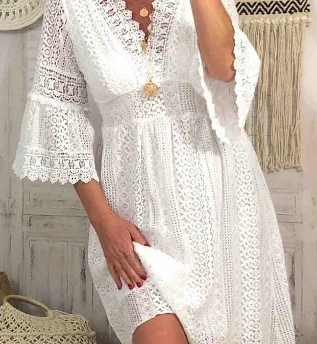 Decorative Border Lace Dress V Neck Tunics Sophisticated sleek