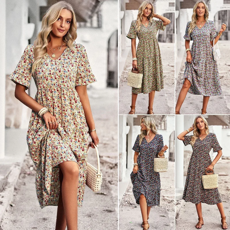 Women's Fashionable V-neck Elegant Dress Off-the-shoulder Chic Trendy