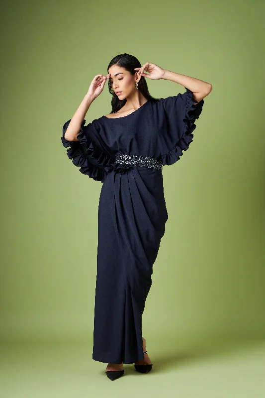 Drop Shoulder Drape Dress With Crystal Belt Boat Neckline Classic