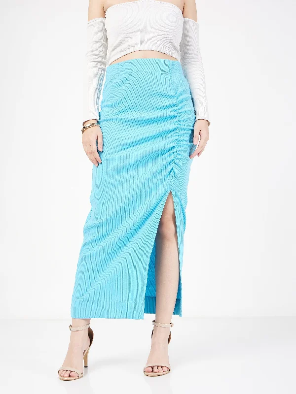 Women Turquoise Rib Front Ruched Midi Skirt linen skirt light