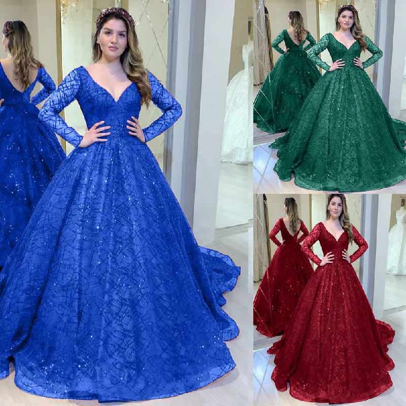 Blue WeddingAutumn And Winter New Long Sleeve Sequin Sequined Formal Swing Dress V-neck Off-the-shoulder Chic Trendy