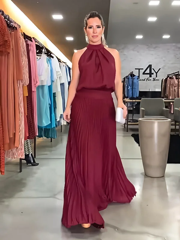 New sleeveless strappy casual backless halterneck pleated dress Maxi Flowy Bohemian