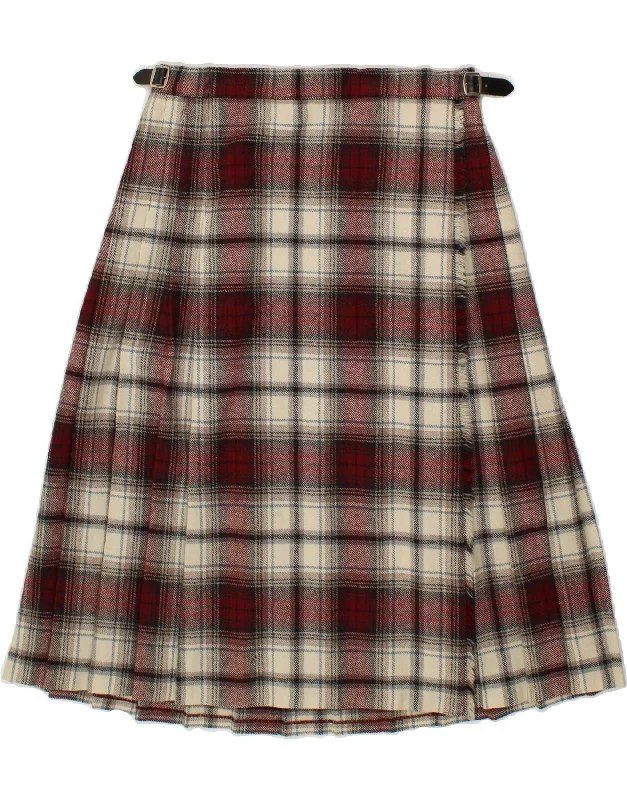 VINTAGE Womens Pleated Wrap Skirt EU 38 Medium W33 Red Check Wool zip skirt side