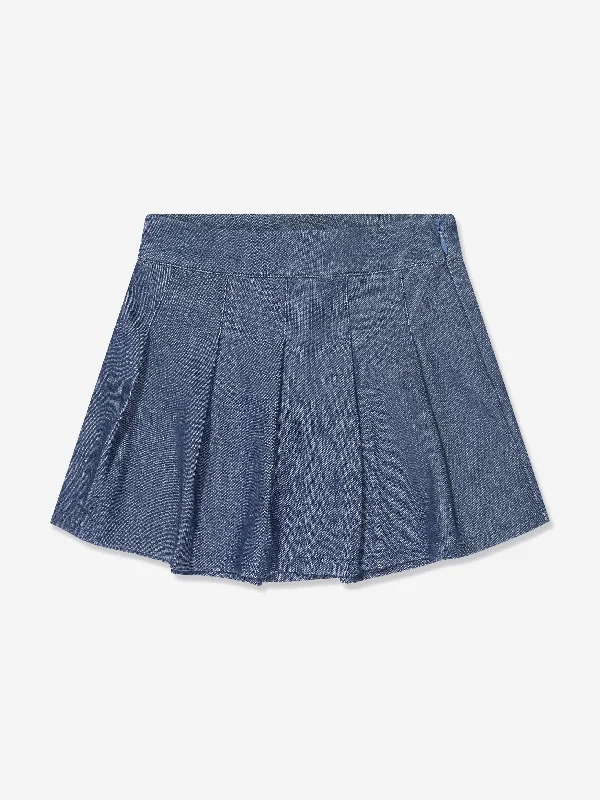 AY by AYLA Girls Denim Look Pleated Mini Skirt in Blue flowy skirt hem