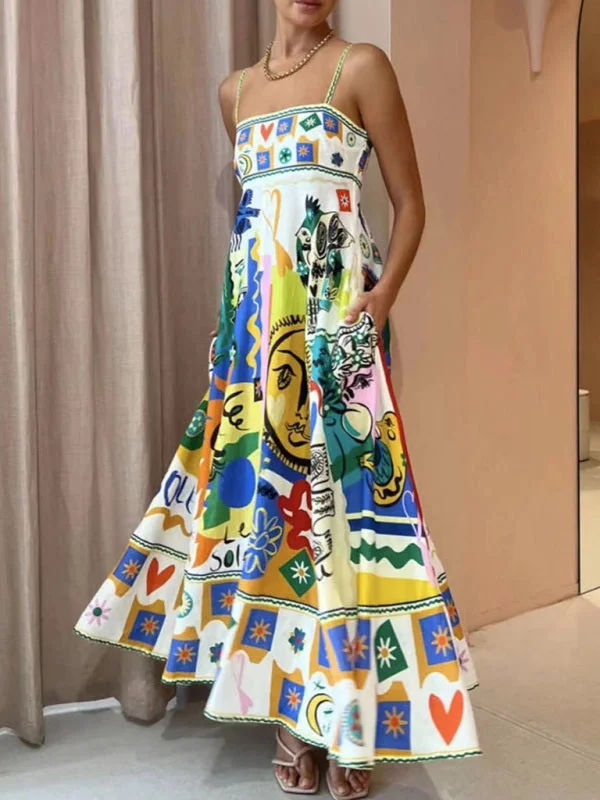 New square neck suspenders graffiti print seaside vacation style long dress Elegant Long Evening New square neck suspenders graffiti print seaside vacation style long dress Elegant Long Evening