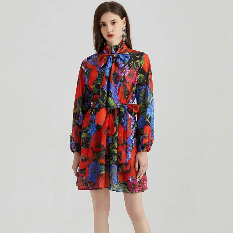 Printed Chiffon Long-sleeved Dress For Women Tunics Sophisticated sleek