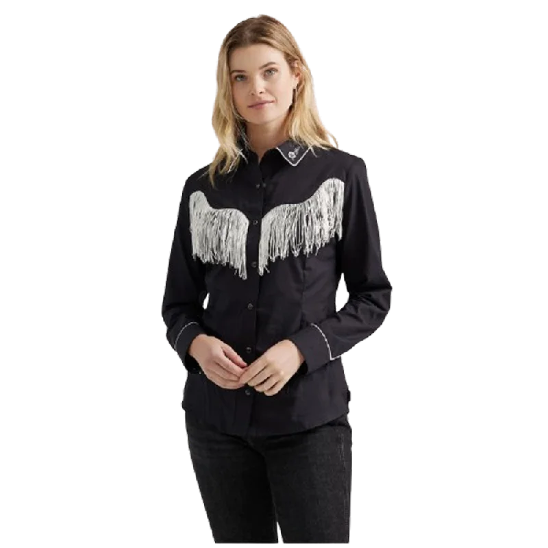 112356678 Wrangler Women's Western Dress Fringe Snap Shirt - Black Tunics Wedding white