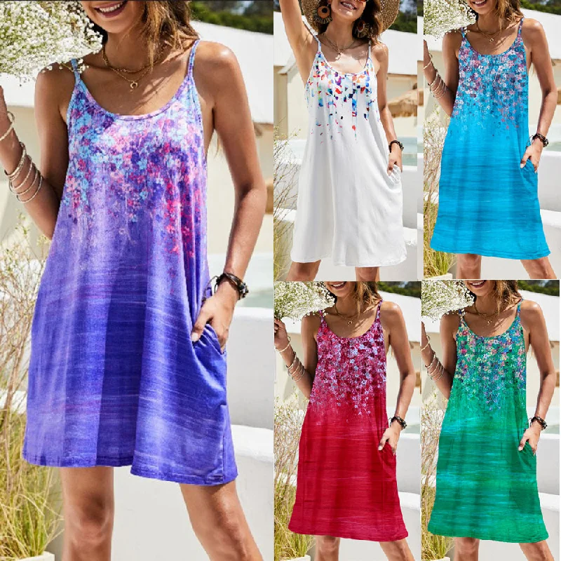 New Women's Pocket Printed Loose Strap Dress Tunics Stylish modern