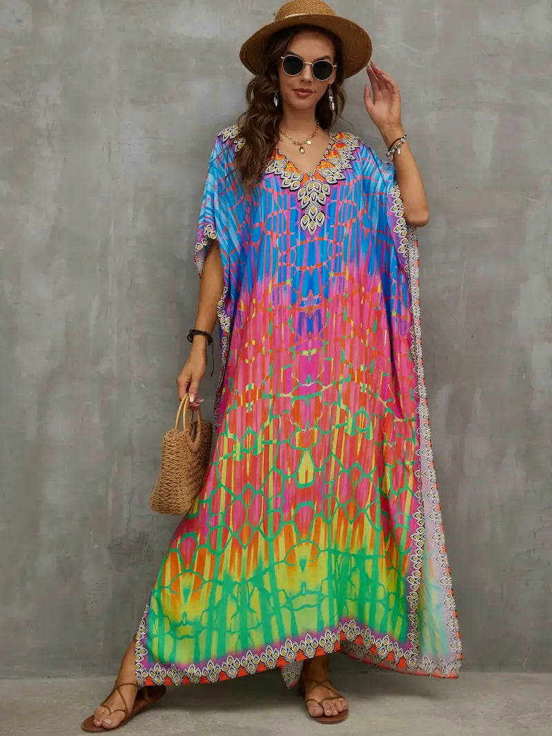 Boho Festival Pink & Blue Rainbow Multicolor Tie Dye Kaftan Dress Floral Print girly Boho Festival Pink & Blue Rainbow Multicolor Tie Dye Kaftan Dress Floral Print girly