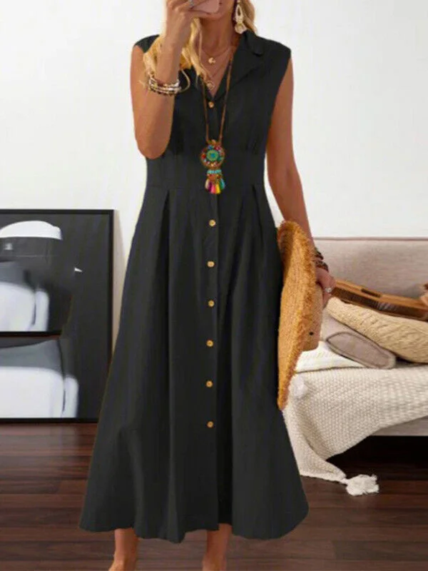 Women's casual lapel collar sleeveless cotton and linen mid-length dress Tunics Fleece cozy