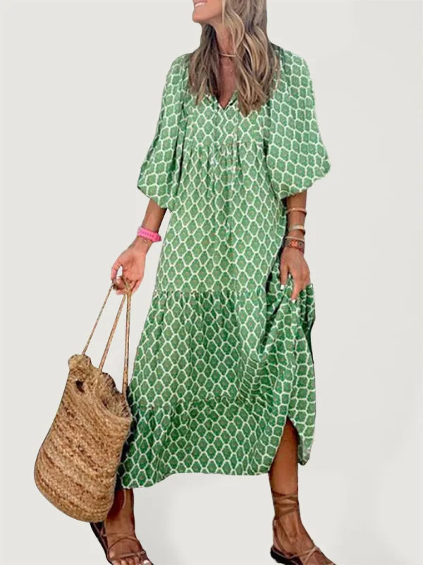 Geometric Collage Puff Sleeve Dress Street Holiday Women's Clothing Tunics Travel practical Geometric Collage Puff Sleeve Dress Street Holiday Women's Clothing Tunics Travel practical