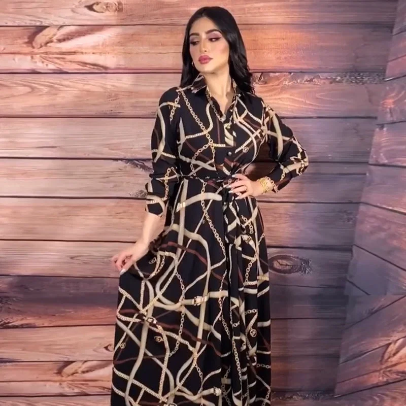 Women's V-neck Printed Dress With Belt Square Neckline Feminine