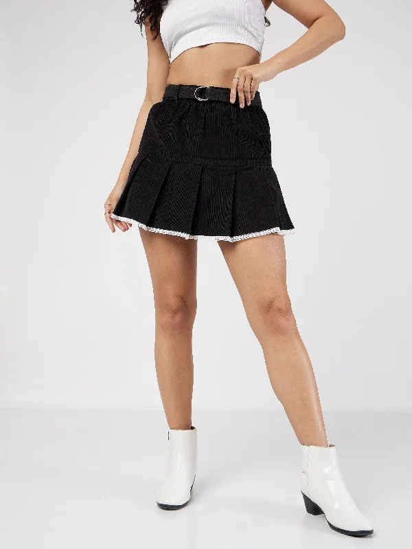 Women Black Corduroy Pleated Mini Skirt silk skirt elegant