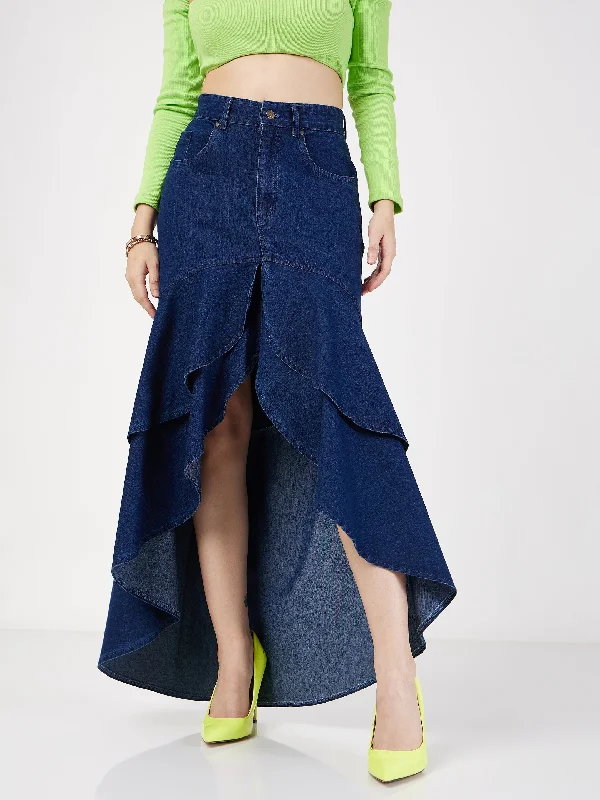 Women Navy Blue Denim Ruffle High Low Skirt lace skirt intricate