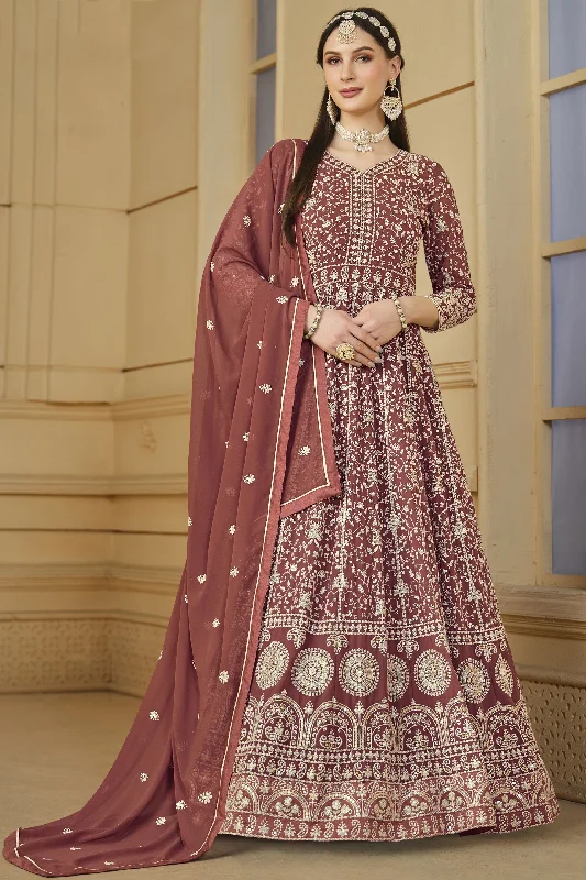 Embroidered Function Wear Anarkali Dress In Georgette Fabric Rust Color Tunics Practical easy-care