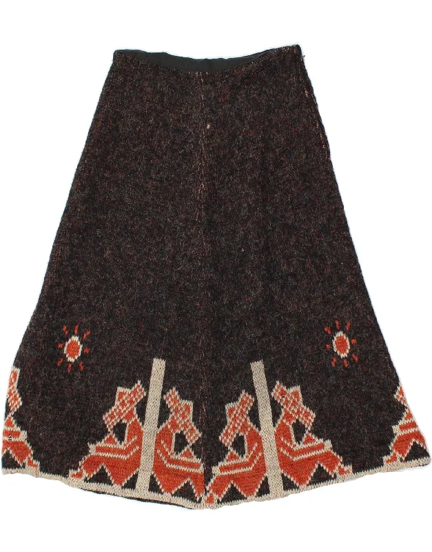 VINTAGE Womens Knit A-Line Skirt W24 XS Brown Fair Isle button skirt front